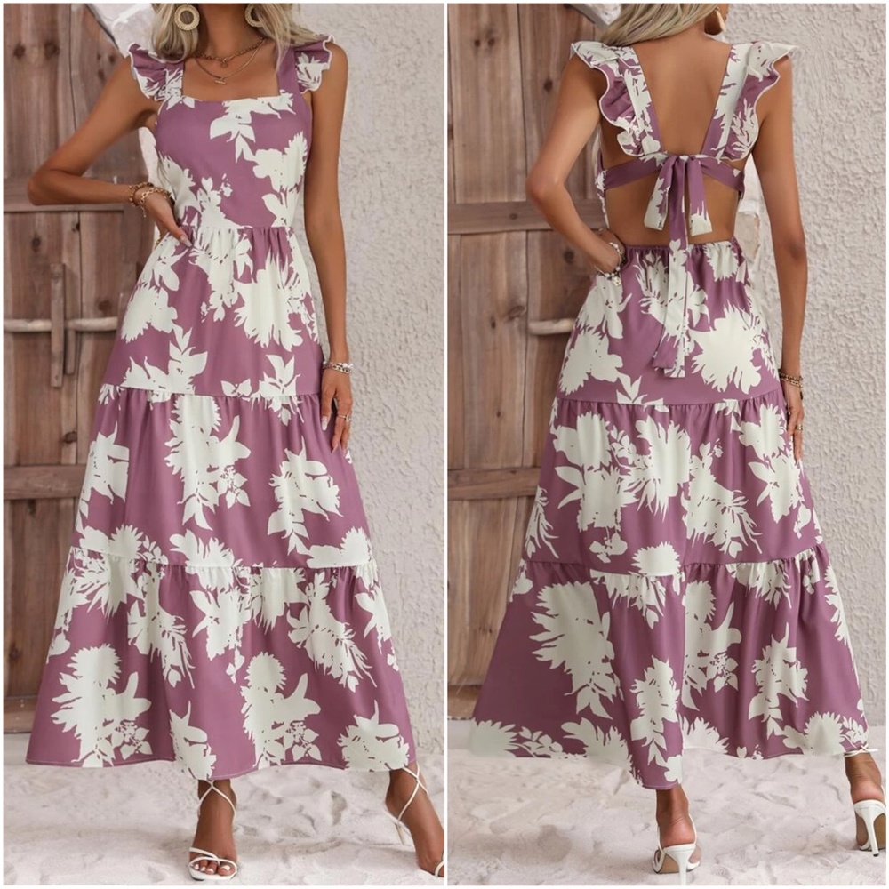Boho Floral Print Open Back Butterfly Sleeve Maxi Dress - Picture 2 of 9